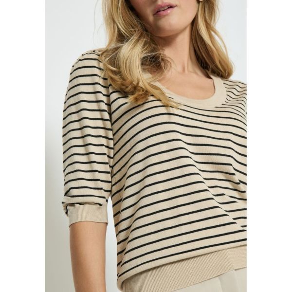 Minus Pam Striped Knit T-Shirt Sand Gray Stripe  (MI5836-9015S) - Schoenen Caramel (Sint-Job-in-’t-Goor)