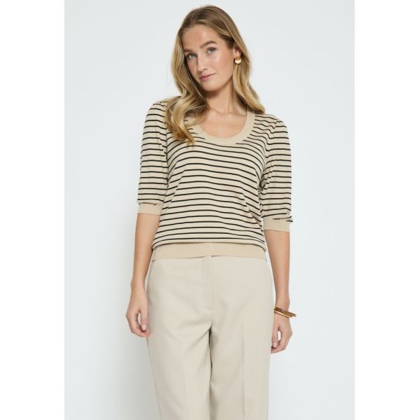 Minus Pam Striped Knit T-Shirt Sand Gray Stripe  (MI5836-9015S) - Schoenen Caramel (Sint-Job-in-’t-Goor)
