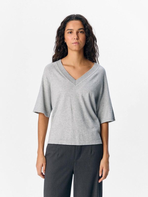 Object Thess 2/4 LO V-Neck Knit Top Light Grey Melange  (23045806 light grey melange) - Schoenen Caramel (Sint-Job-in-’t-Goor)