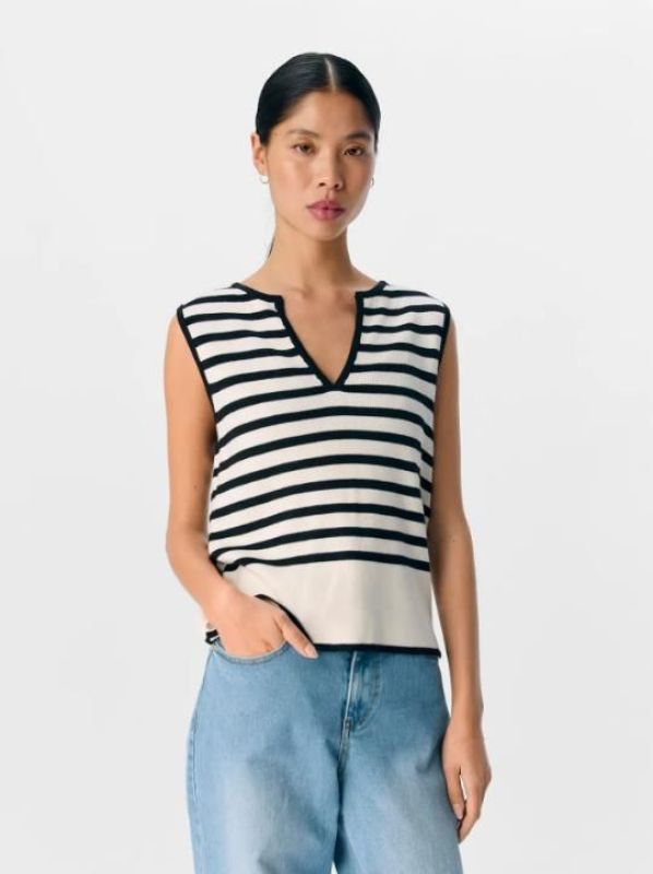 Object Viva RE S/L Knit Top Sandshell Stripes Black  (23046427 SANDSHELL BLACK) - Schoenen Caramel (Sint-Job-in-’t-Goor)