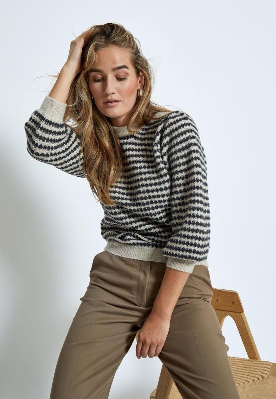 Peppercorn Camilla 3/4 Sleeve Striped Knit Pullover Moonbeam Stripe  (PC7990-0026S) - Schoenen Caramel (Sint-Job-in-’t-Goor)