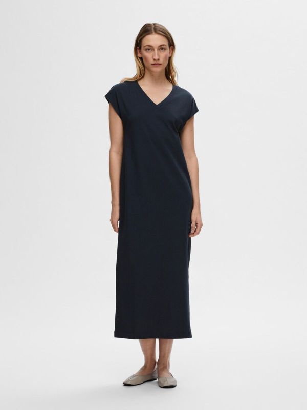 Selected Femme Essential SL V-Neck Ankle Dress Dark Sapphire  (16089879-dark sapphire) - Schoenen Caramel (Sint-Job-in-’t-Goor)