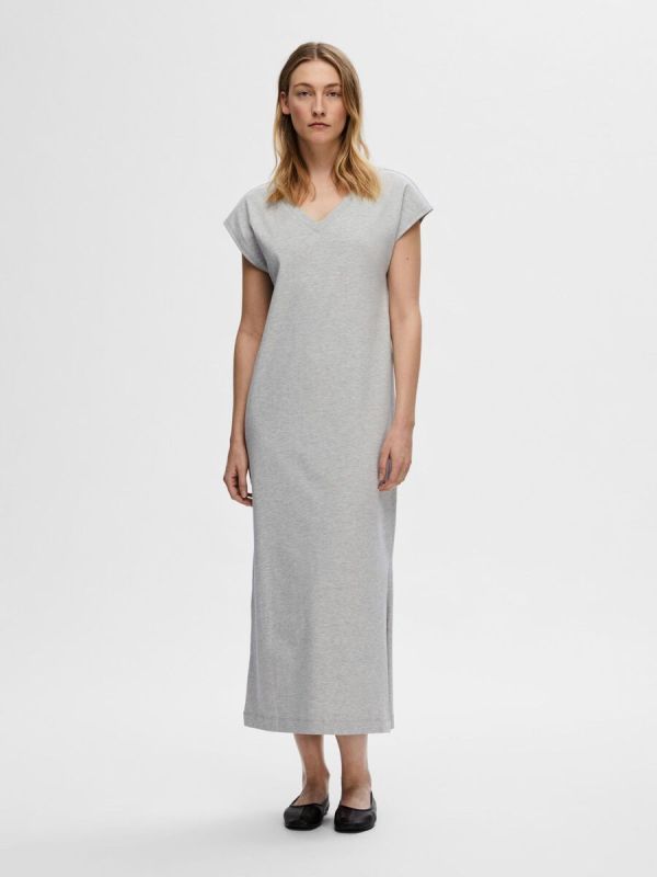 Selected Femme Essential SL V-Neck Ankle Dress Light Grey Melange  (16089879-light grey melange) - Schoenen Caramel (Sint-Job-in-’t-Goor)