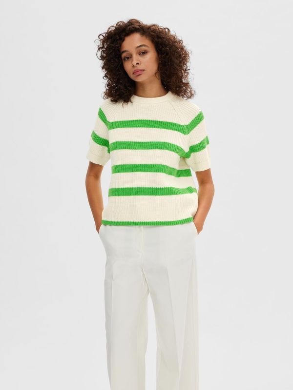 Selected Femme Bloomie SS Knit O-Neck Snow White Stripes Classic Green  (16092293-snow white) - Schoenen Caramel (Sint-Job-in-’t-Goor)
