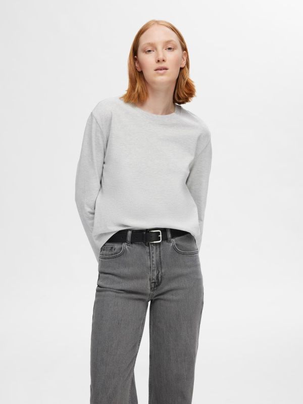 Selected Femme Essential LS Boxy Tee Light Grey Melange  (16092523 light grey melange) - Schoenen Caramel (Sint-Job-in-’t-Goor)